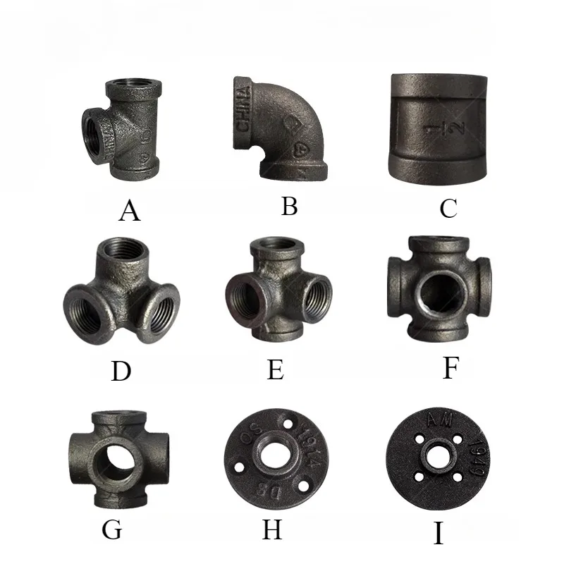 Antique Style Black self colour malleable iron pipe fittings connectors Black cast Iron threaded pipe 1/2 inch 3/4 inch 1 inch