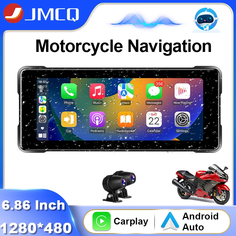 

JMCQ мотоциклетный видеорегистратор Carplay, экран дисплея мотоцикла 6,86 дюйма, сенсорный водонепроницаемый монитор, беспроводной автомобильный рекордер Carplay на Android