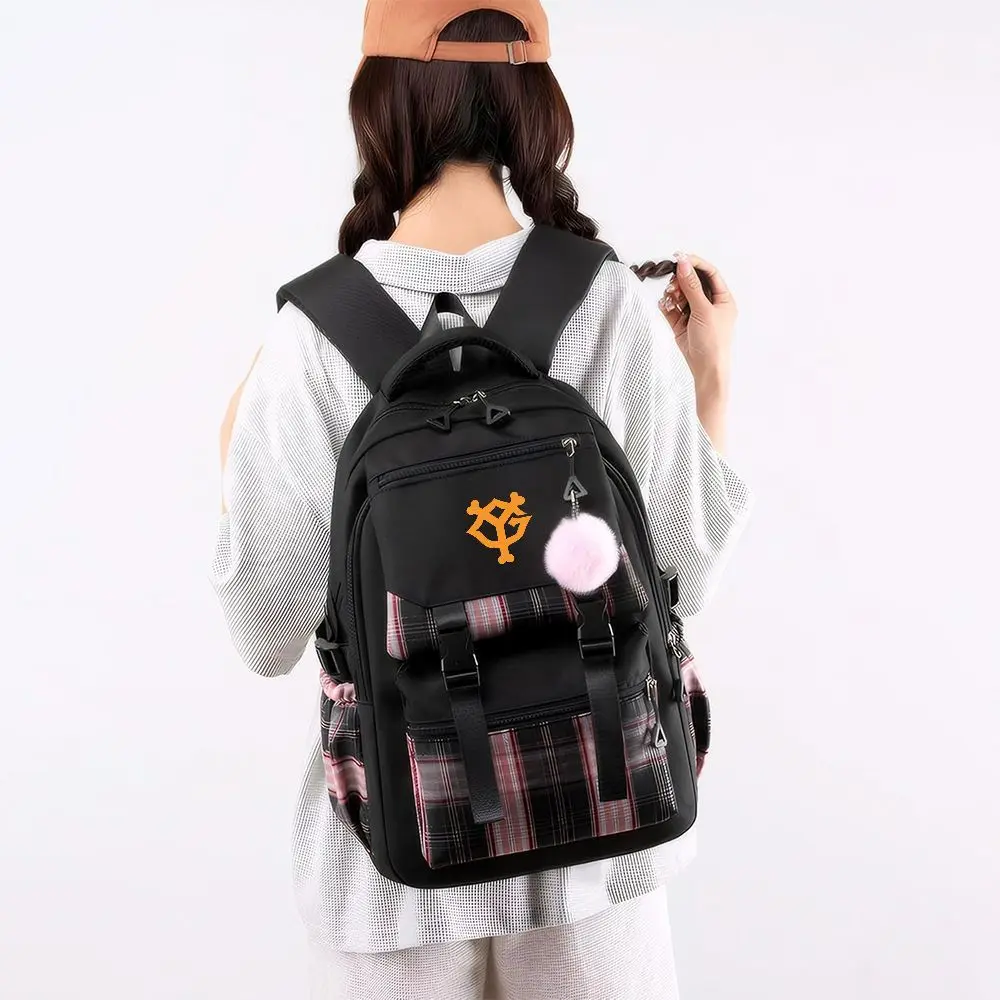 Pink Plaid Print Backpack with Pompom Charm, Anime Style School Bag for Girls, Casual Travel Rucksack with Adjustable Straps