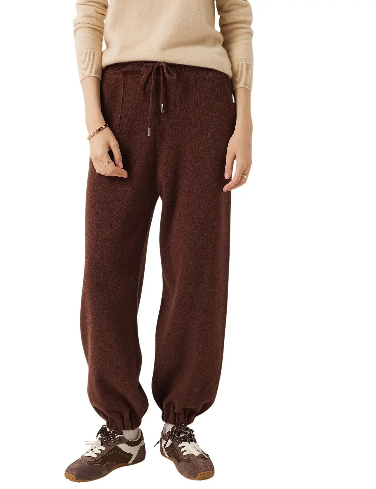 Women Cashmere Merino Wool High Waist Sweatpants Soft Warm Knit Lounge Pants Winter Fall Cozy Elastic Waist Trousers Casual Wool