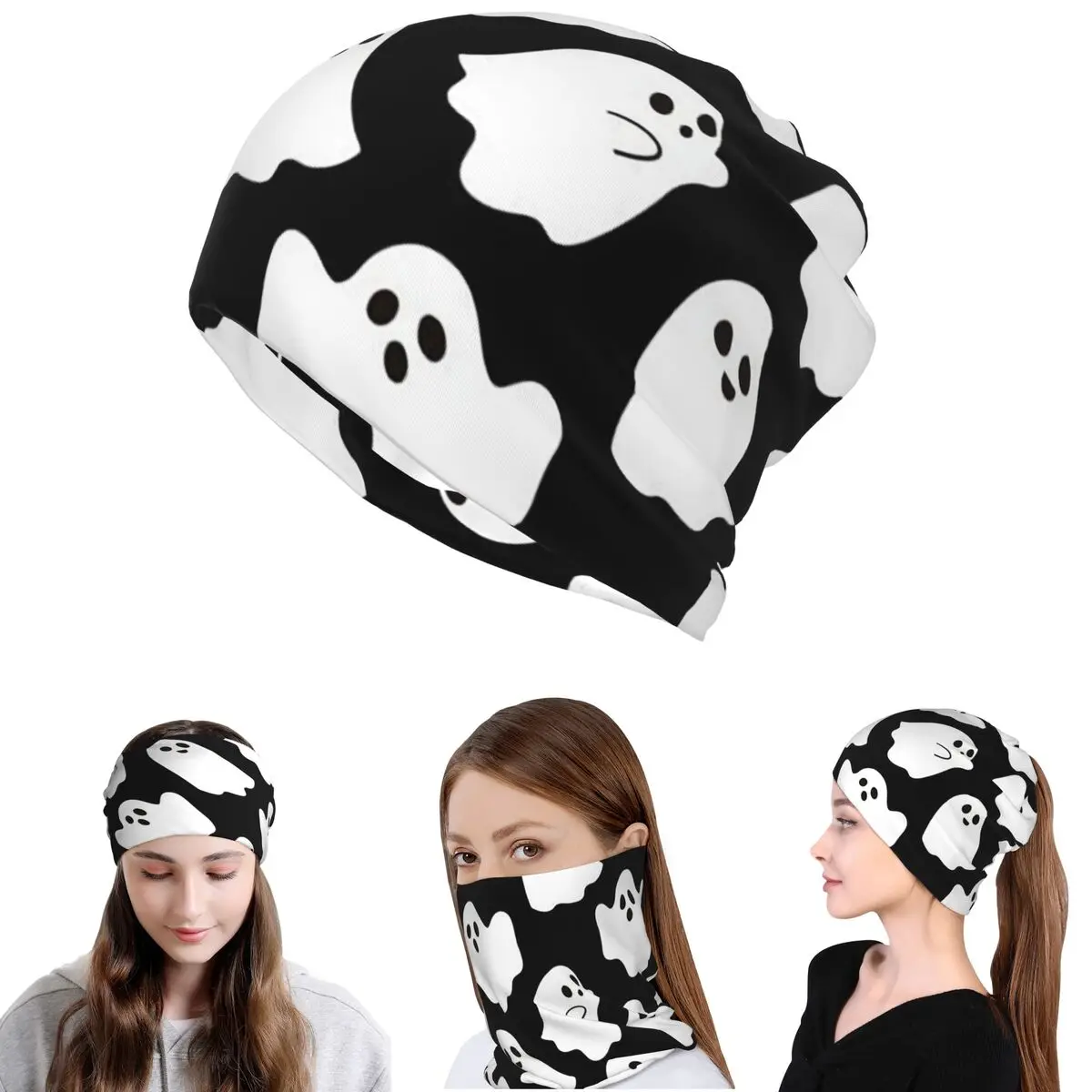 Spooky Ghost Halloween Cartoon Pattern Bandana Neck Gaiter Wrap Mask Scarf Multi-use Headwear Beanies Hat Unisex Breathable
