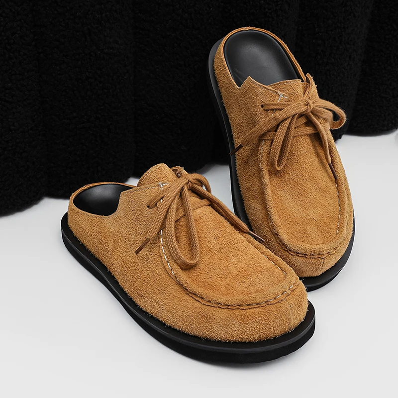 European American Retro Frosted Boken Men Half Slippers with Lace Up Trend Casual Non Slip Lightweight Commuting Sandals