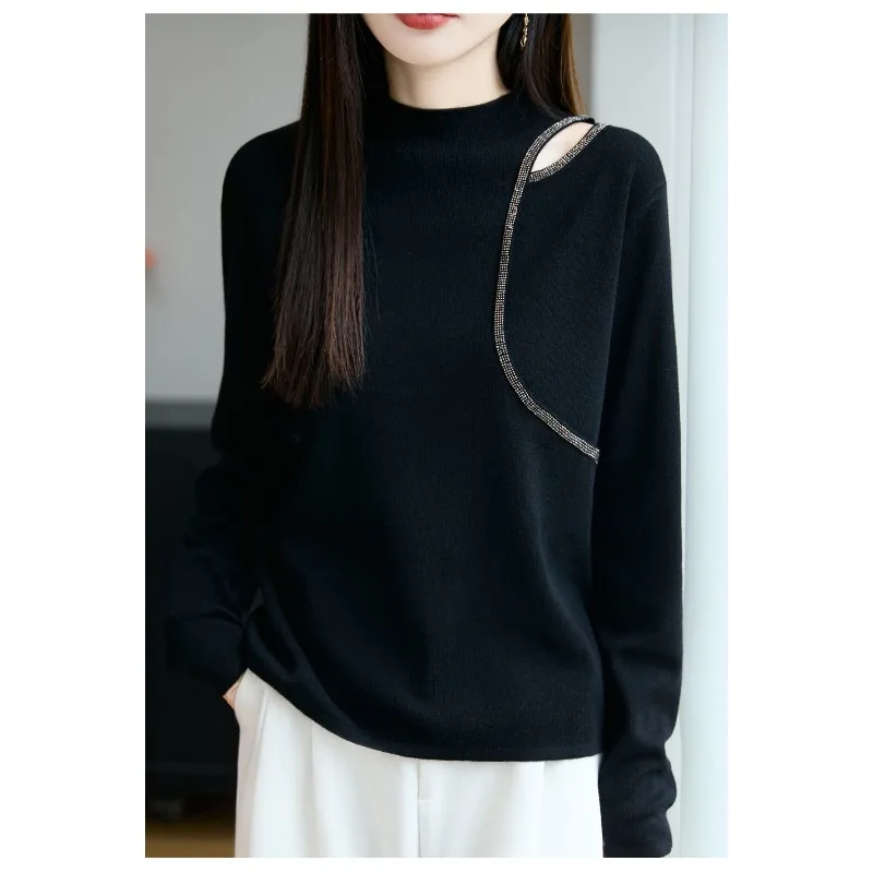 Halve coltrui gebreide wollen dieptepunt herfst winterstijl mode high-end trui met lange mouwen en holle sleutelbeen dames