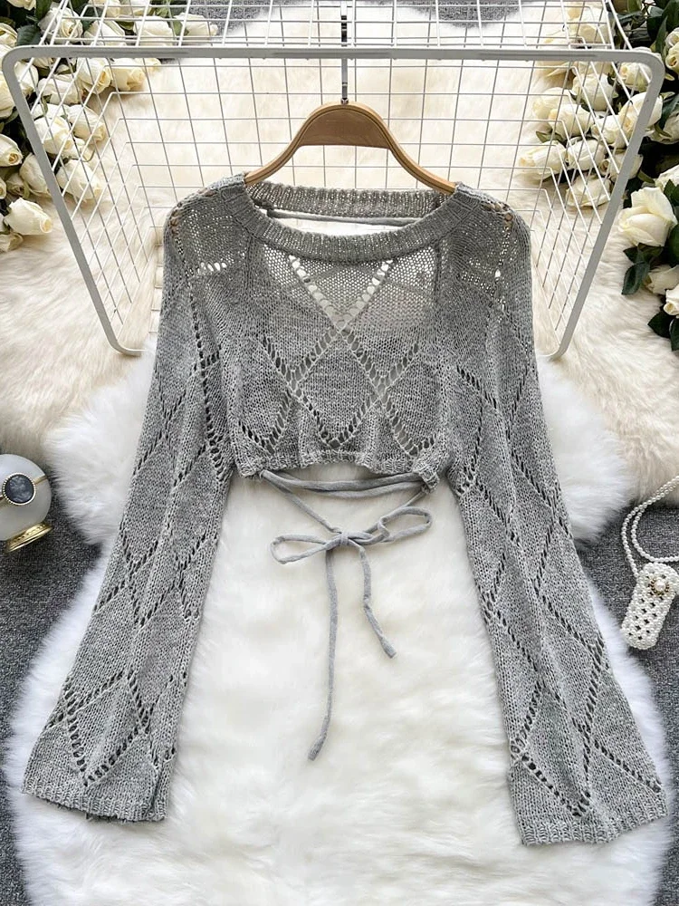 Kimotimo Women Hollow Backless Bandage Knit Tops 2022 Summer Design Round Neck Short Pullover Korean Chic Sun Protection Sweater