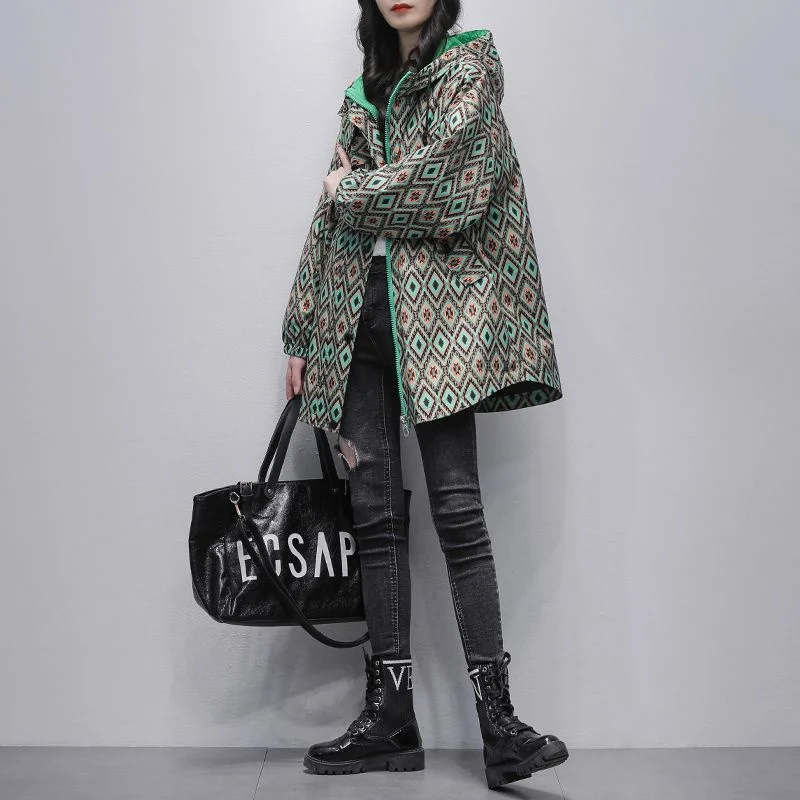 Plaid Color Contrast Windbreaker Women's Mid-length 2023 Autumn New Korean Version of the Hooded Temperament Casual Loose Coat X