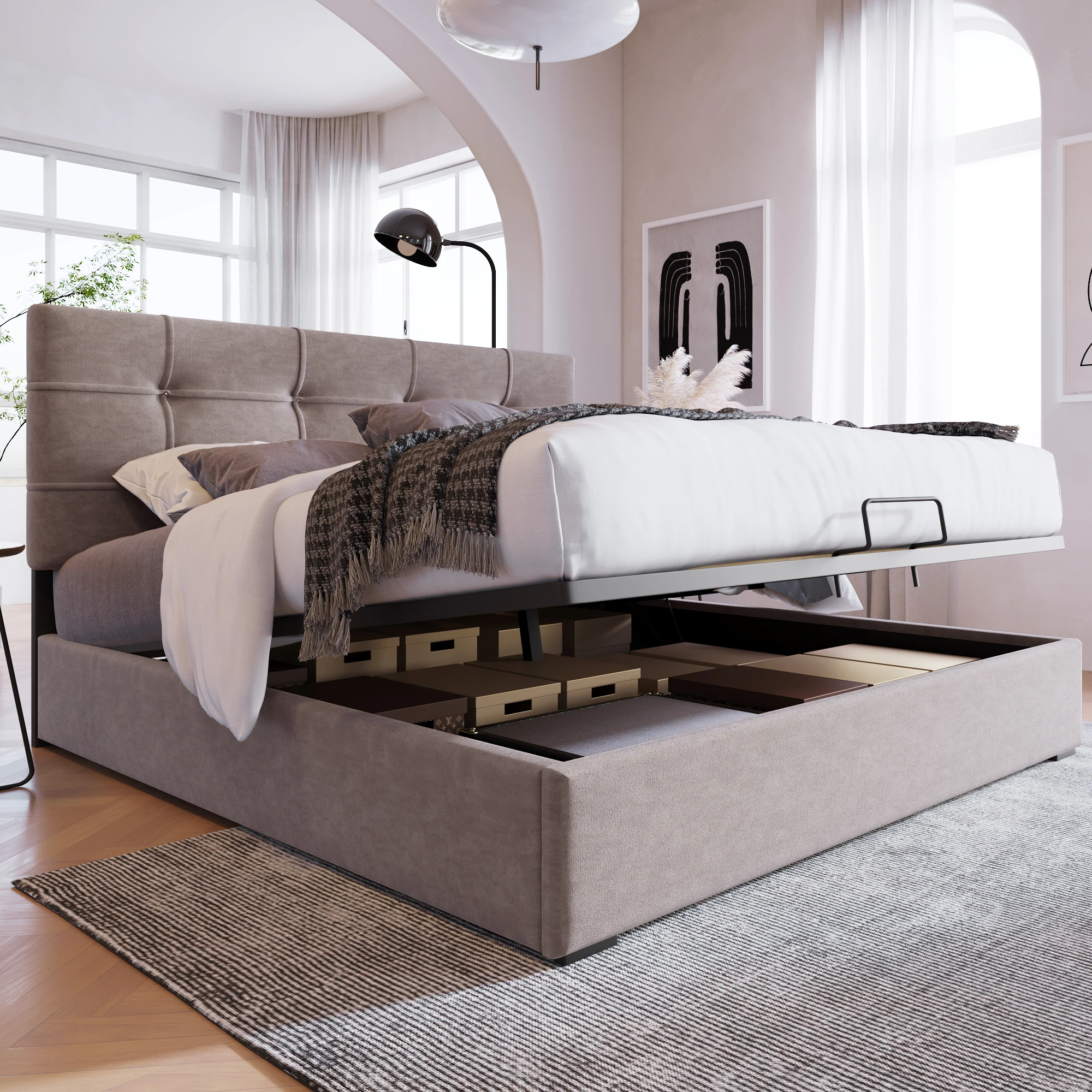 Lit double avec rangement et dossier réglable, 140 × 200 cm, sans matelas, en velours, gris clair