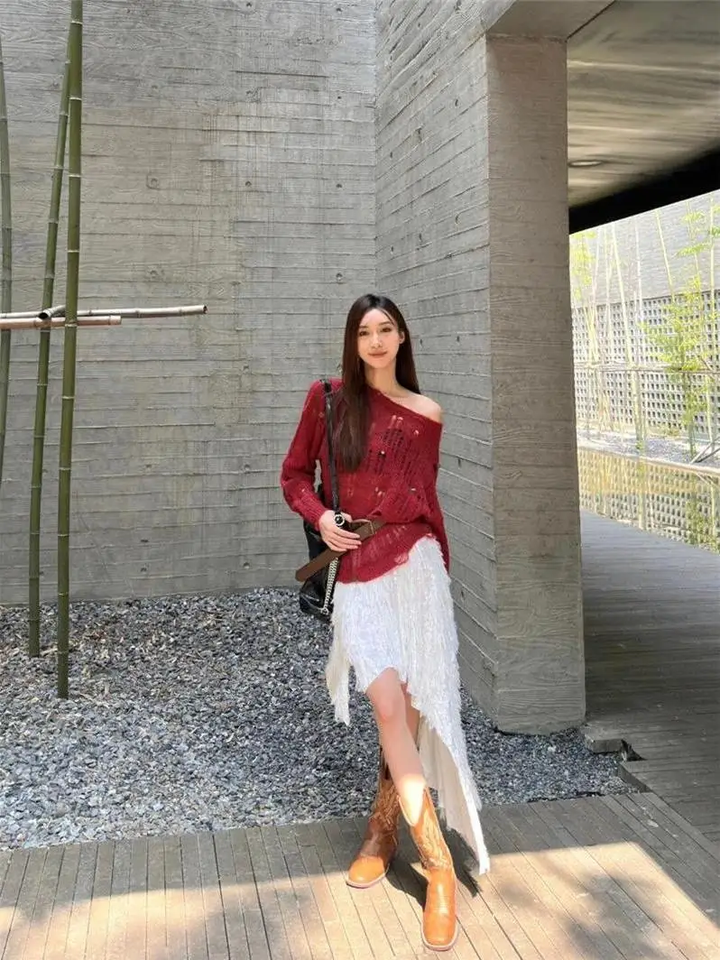 

Cisas Red Knitted off oulder Hole Sweater Women's Loose Lazy Hot Girl Top Long Sve Pure Desire Autumn Winter Clothes