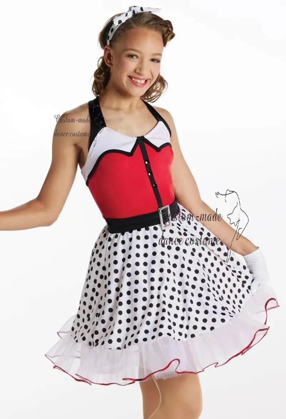 Traje de baile retro con lunares para niñas, estilo años 50, vestido halter rojo/blanco con ribete de tul y diadema a juego, conjunto hecho a medida