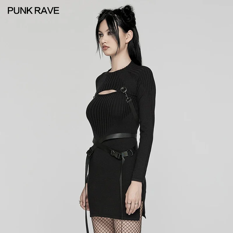 PUNK RAVE Women's Punk Slim Knitted Dress Set Detachable Adjustable Buckle Webbing Daily Sexy Club Black Short Dresses