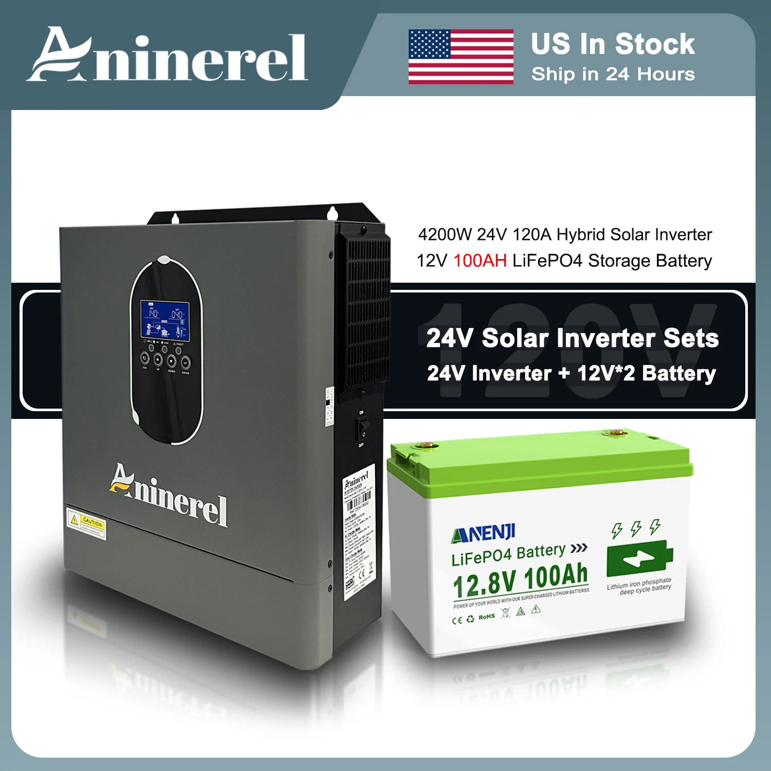 Aninerel 4200W 24V Off Grid Solar Inverter And 24V(12V + 12V in series) 100AH Battery Sets Pure Sine Wave Home Inverter Built-in 120A MPPT Solar Power Systems US In Stock