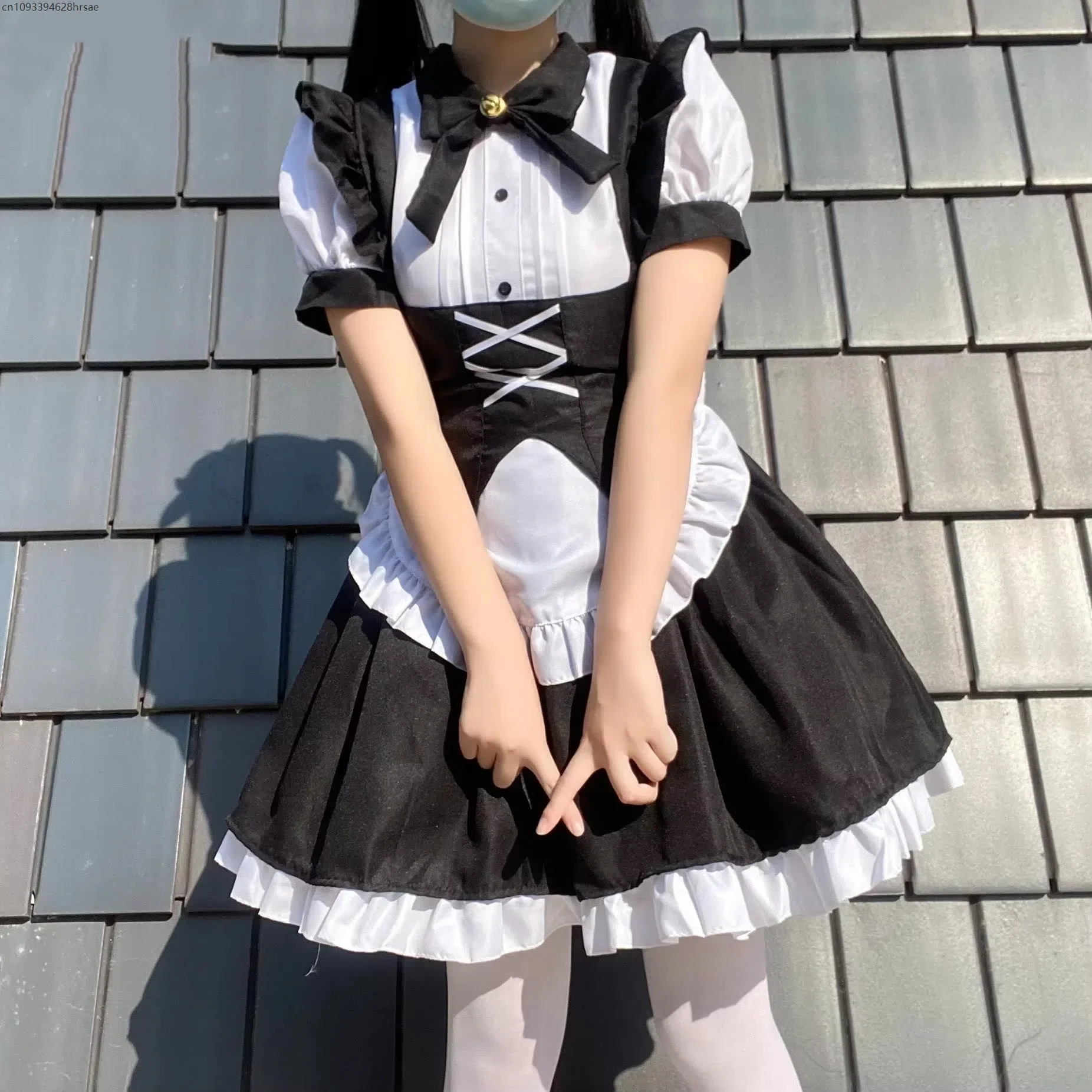 

Black Lolita Maid Dress Women Retro Waist Cinching Dress Anime Cosplay Costume Medieval Bow Servant Uniform