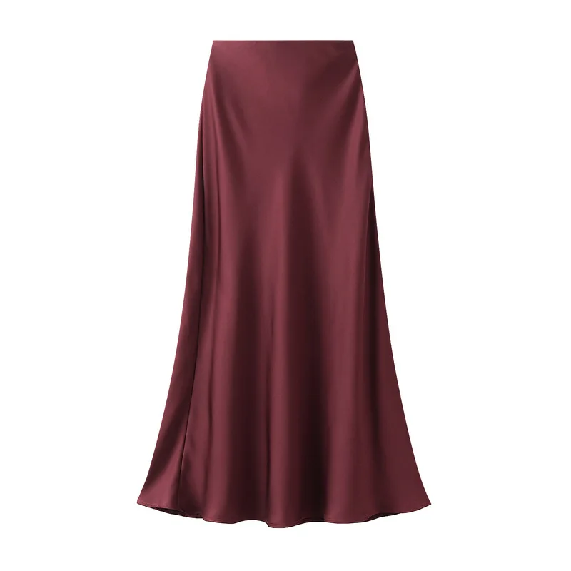 Women  Vintage Elastic Satin Skirts Straight Maxi Champagne Skirt Elegant Women High Street Flared hem Satin Skirt