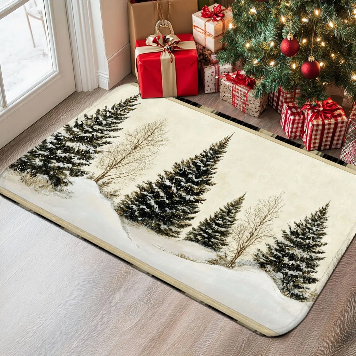 Winter Snow Hunting Cabin Pine Tree Christmas Doormat Non Slip Washable Rug For Kitchen Bathroom Bedroom Home Decor