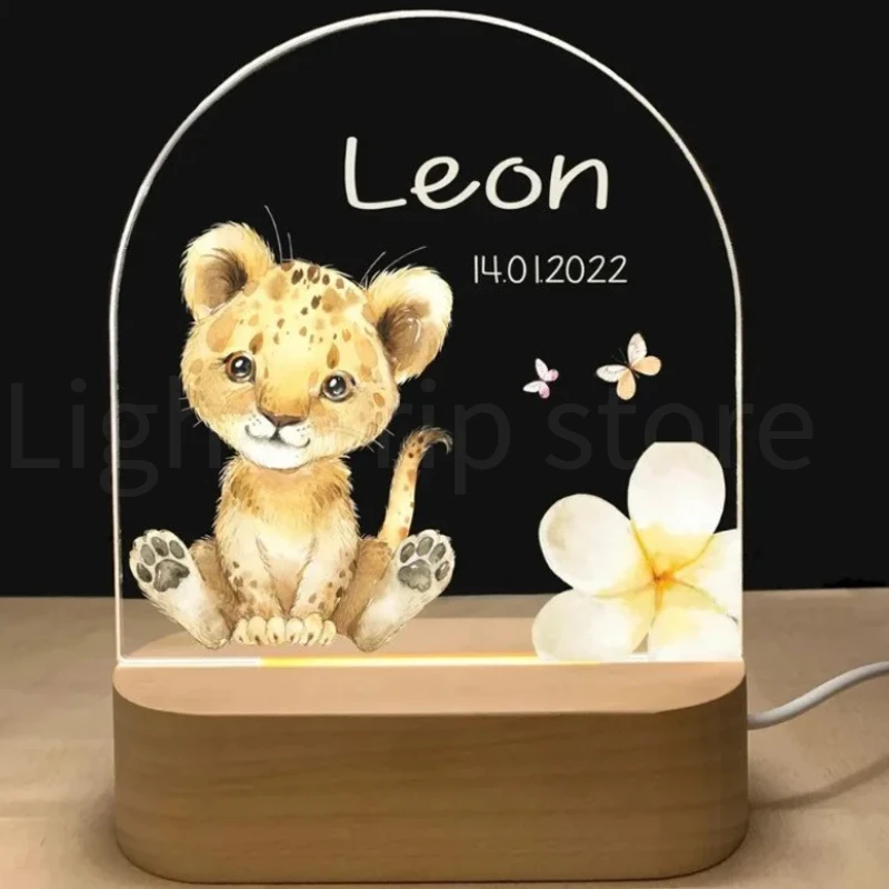 Gepersonaliseerde baby geboorte nachtlampje aangepaste naam dier olifant leeuw met USB houten basislamp voor slaapkamer tafel regenboog decor