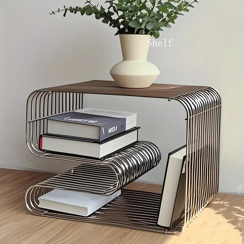 Square metal silver edge table, geometric patterned bookshelf, magazine rack, wall mounted living room storage rack