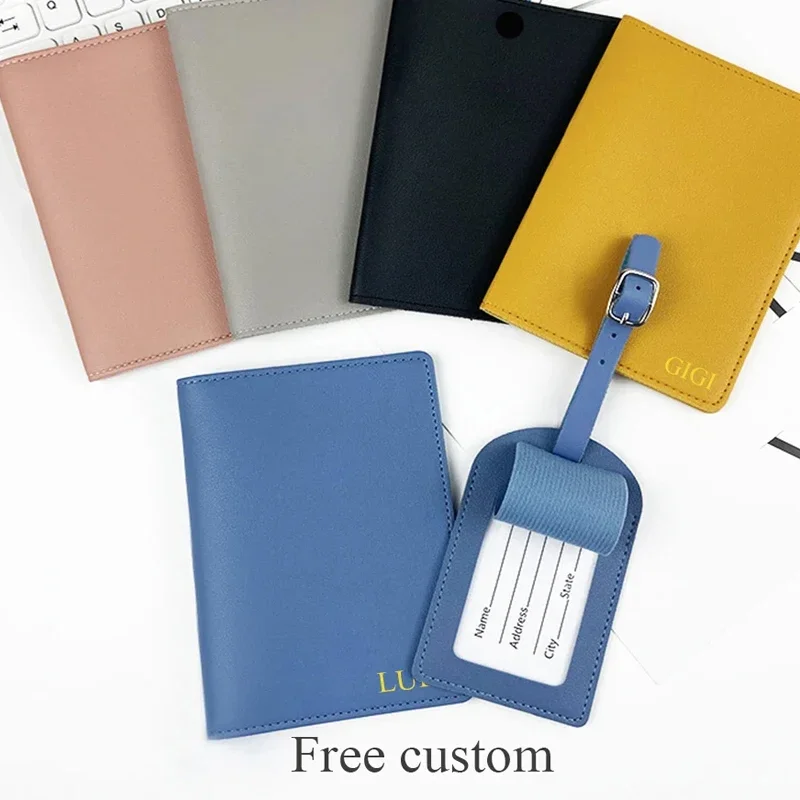 Custom Name Passport Cover Luggage Tag Set Fashion Soomth PU Leather Ticket Passport Holder Personalize Travel Accessories Set