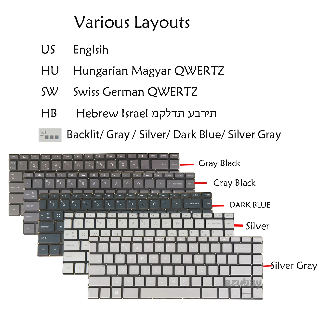 Backlit Keyboard For HP Spectre 13-ap 13t-ap L48503-211 NSK-XBJBQ 9Z.NECBQ.J0H, 9Z.NECBW.Q0Q XBQ, US Hebrew Hungarian Swiss CH