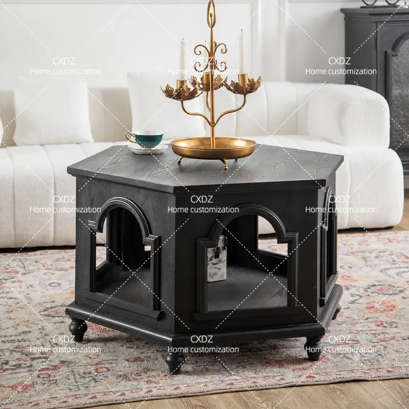 Medieval Solid Wood Storage Coffee Table Polygonal Sofa Side Table Retro Small Apartment Balcony End Table