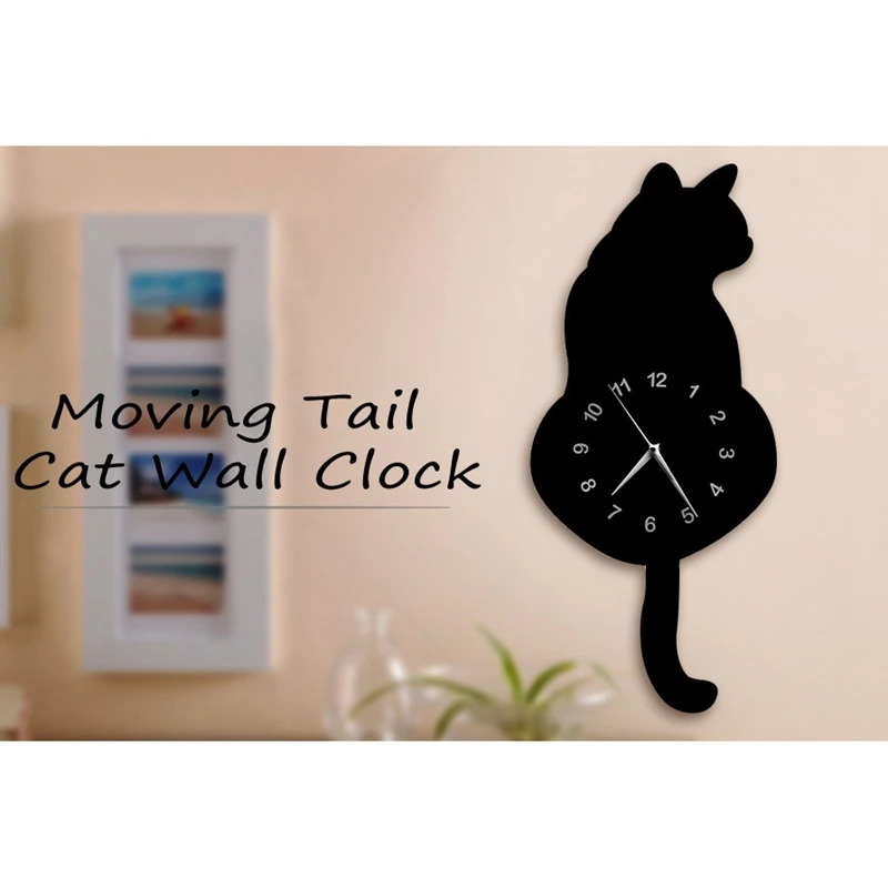 Modern 3D Digital Wall Clock Cat Swinging Tail Move Silent Non Ticking Pendulum Quartz Clock For Bedroom Home Decor Gift