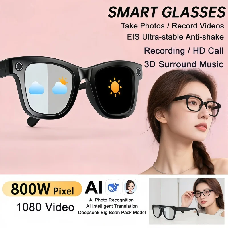 

2026 New 800W AI Smart Glasses: Camera, AI Translation, Voice Bluetooth Call, WiFi, 4K HD, Waterproof, Anti Blue Light Glasses f