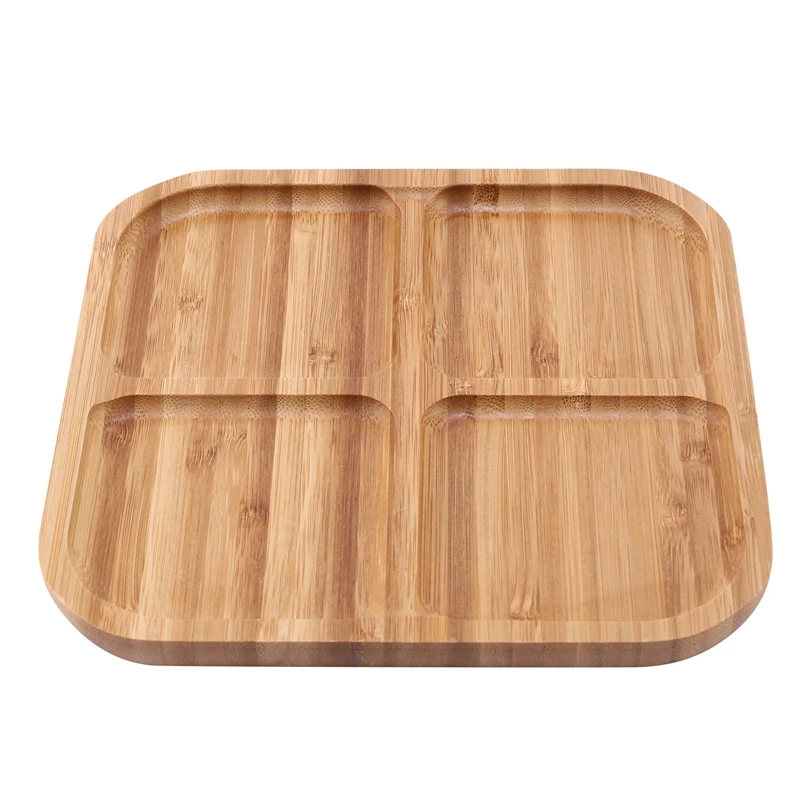 4 Grids Bamboo Snack Plate Rectangle Fruit Bread Tray Dishes Organizer Rack Refreshment Plate Kitchen Party Supplies