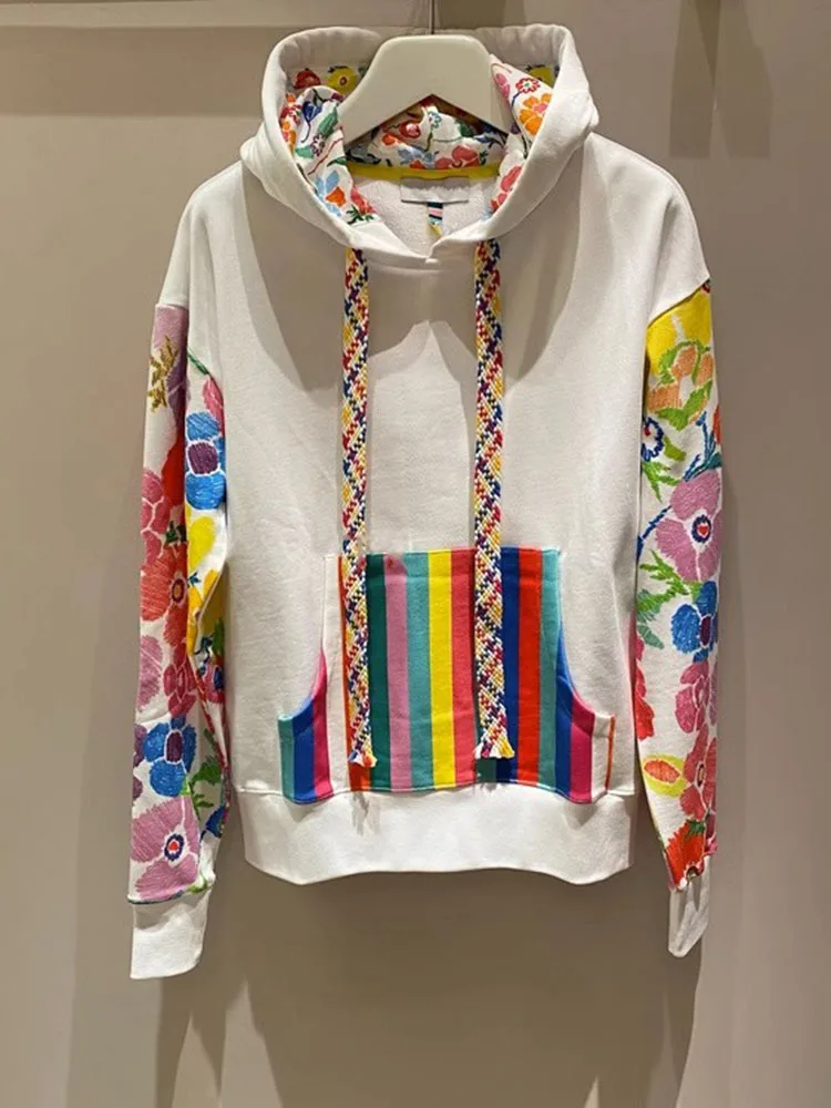 [ZOCI] 2024 Autumn Women Drawstring Hooded Sweatshirt With Color Blocked Printed Long Sleeved Jacket For Women New Fashion