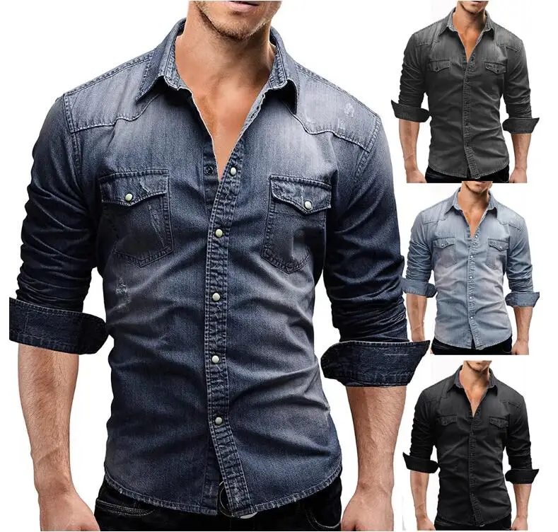 Fashion 2023 Autumn Men Denim Tshirt Mens Long Sleeve Soft Cotton Slim Jeans T-Shirts Male Cowboy Tops Tees