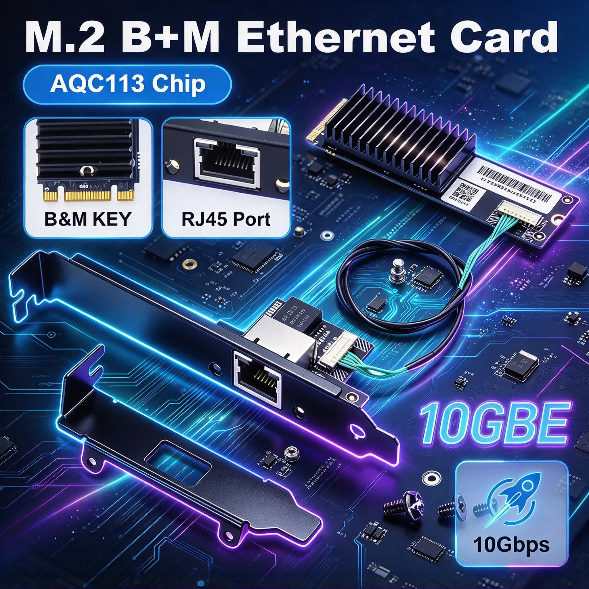 AQC113 M.2 B+M Key 10GBase-T Ethernet Card 10Gbps RJ45 LAN Adapter Desktop PC NAS Gaming High Speed File For Win10/11-64Bit