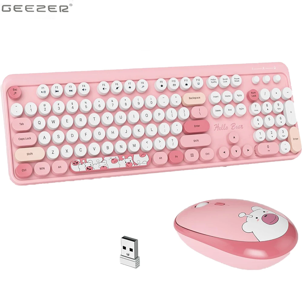 Ergonomic 2.4G Plug and Play Wireless Keyboard and Mouse Combo,104 Key Coloful Retro Round Keycap Keyboard for PC/Laptop/Desktop
