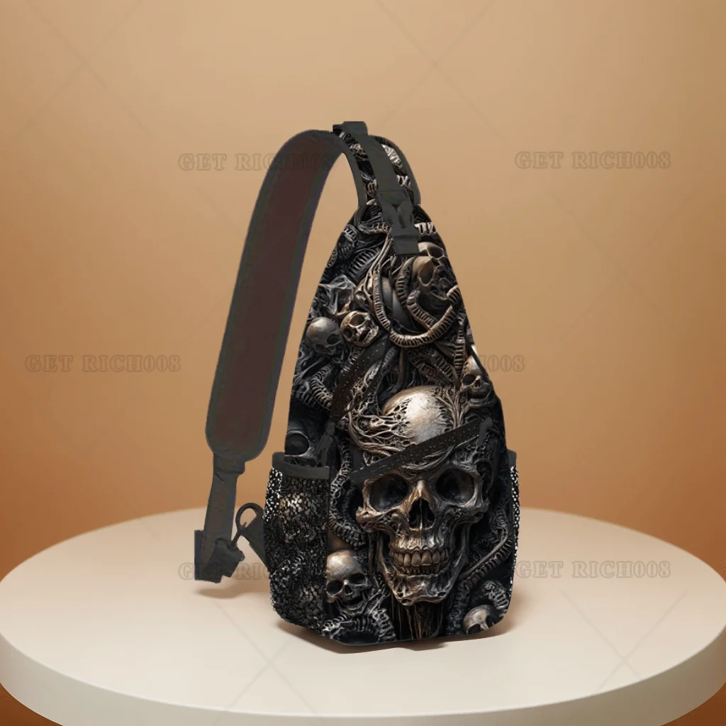 Gothic Punk Skull Print Sling Bag – Adjustable Strap, Lightweight Crossbody for Travel & Outdoor Sports, Unique Dark Design