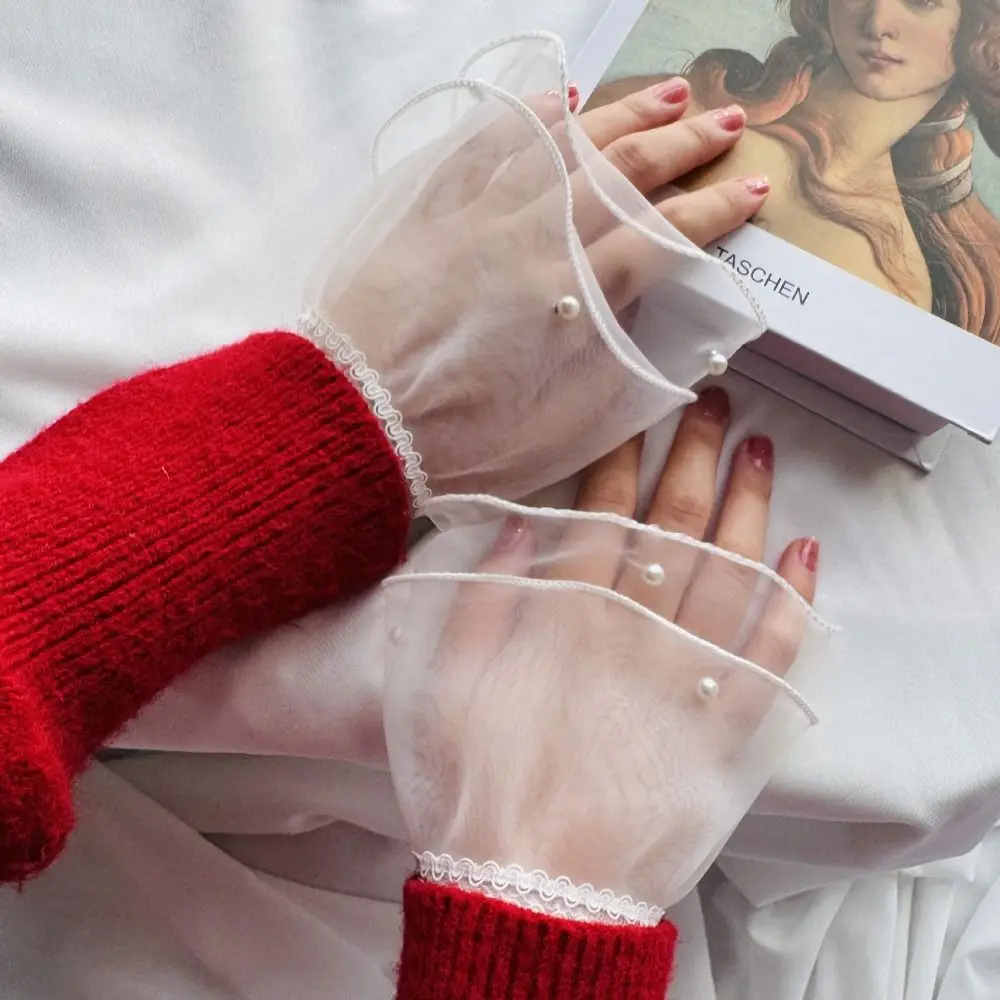 

Новые сетчатые жемчужные накладные манжеты, съемные белые и черные манжеты на запястье, кружевные манжеты, аксессуары для нейл-арта