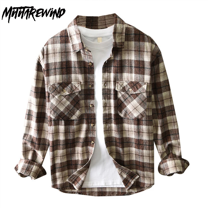 

England Style Plaid Shirts for Men 2024 Fall New Mens Long Sleeve Shirt Pure Cotton Causal Shirts with Double Pockets Loose Tops