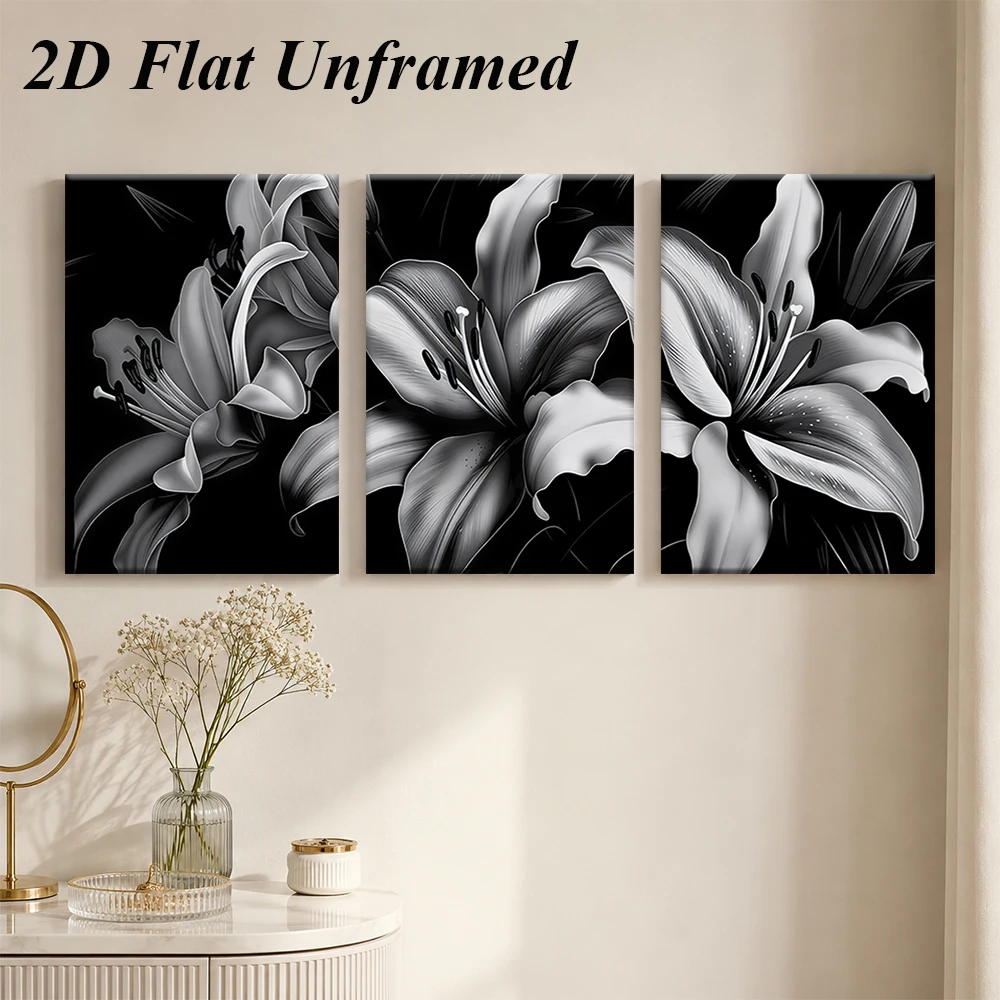 1 set of modern minimalist black and white lily triptych frameless decorative paintings for home wall decoration 2D plan