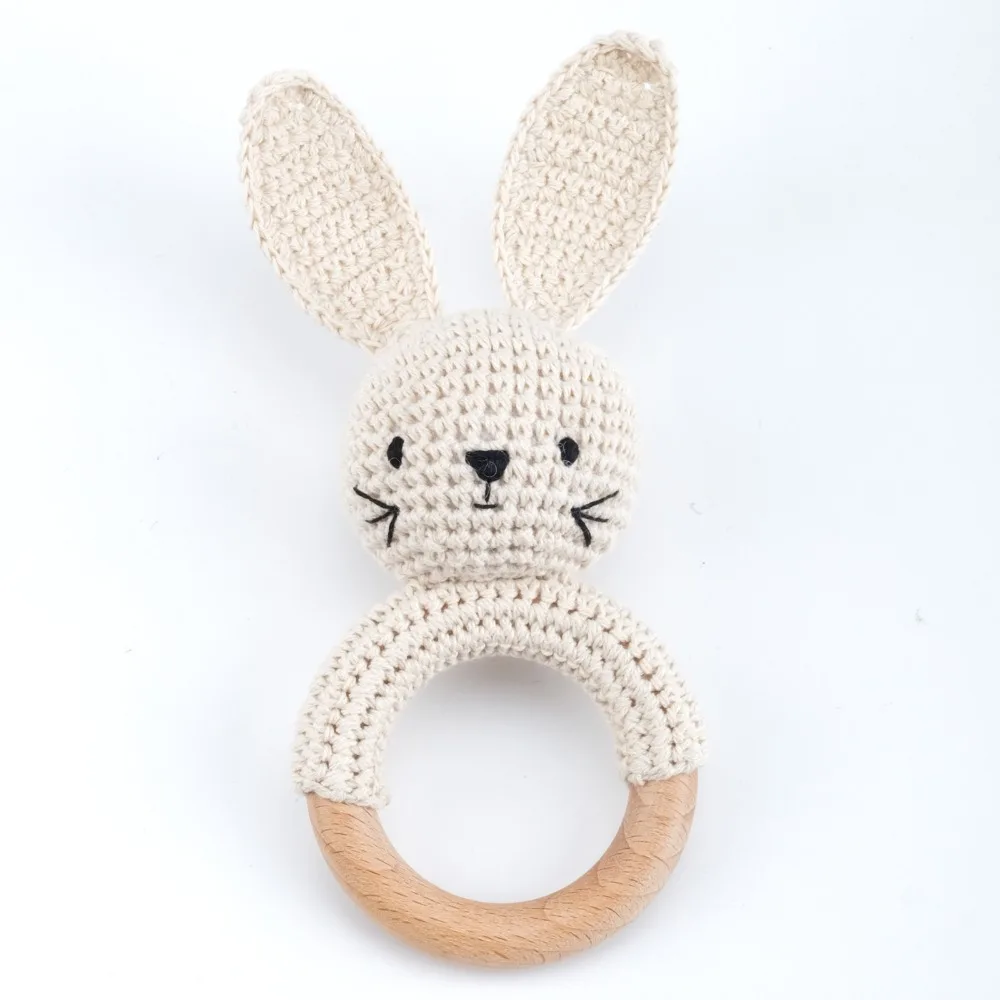 Wood Rodent Rabbit Crochet Rattle Biteable Hooked Soft BPA Free Soothing Design Knitted Cartoon Animal Educational Music