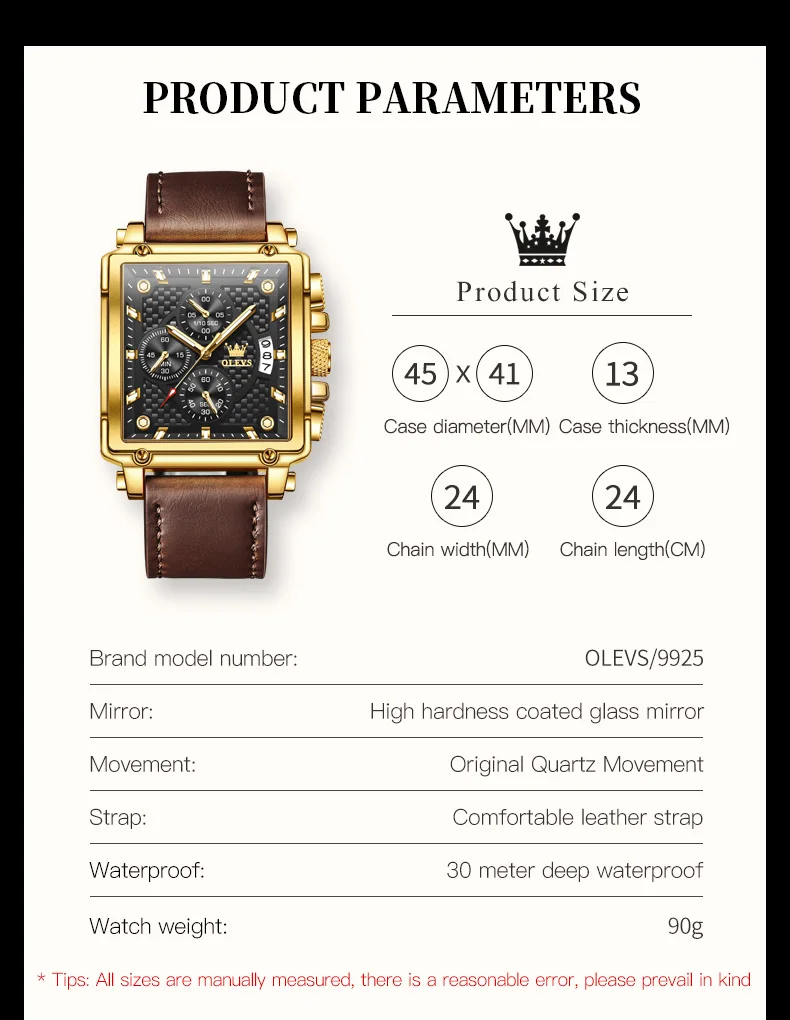 OLEVS Quartz Watch for Men Golden Square Large Dial Waterproof Leather Strap Wrist Watch Date Display Men\'s Quartz Watch 9925