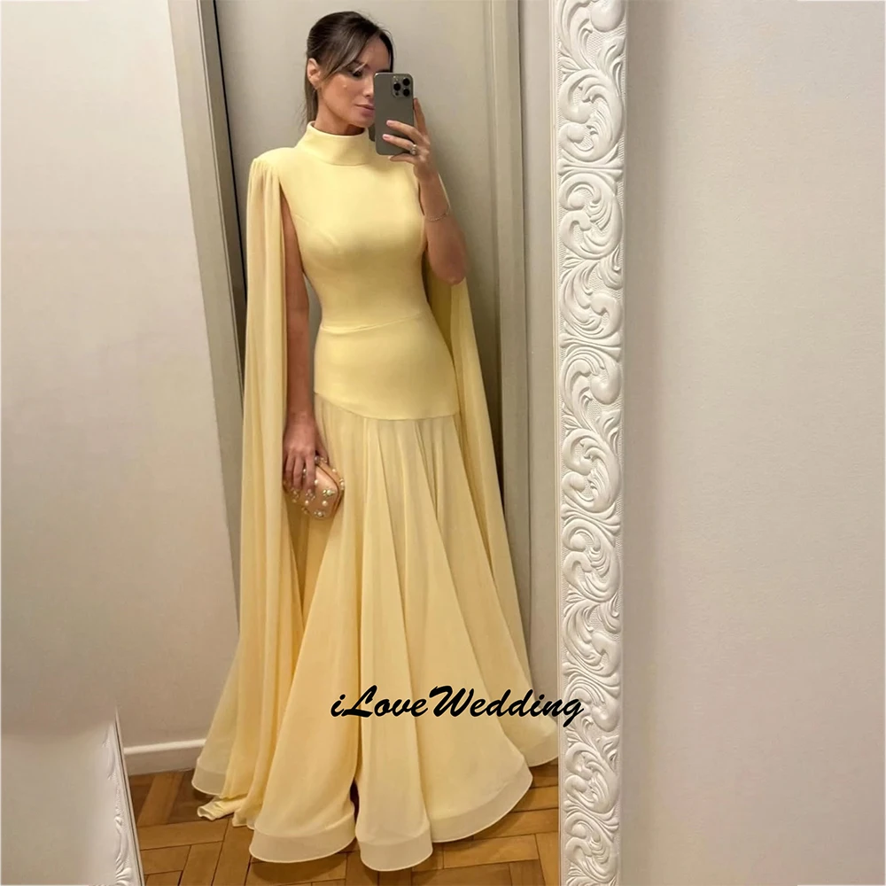 

Vintage Evening Dresses for Wedding Party High Neck Customized 2026 Chiffon Yellow Attractive Arabic Mermaid Prom Party Gowns