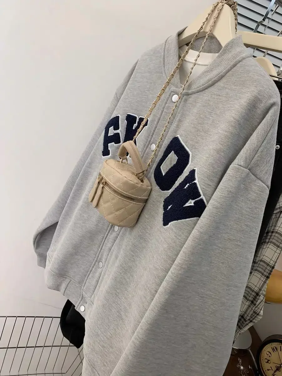 Extra-large Size Baseball Uniform Jacket Female Loose Korean Autumn and Winter New Fat Slim Gray Sweater Jacket