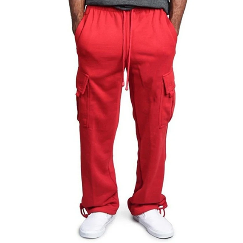 New Casual Men\'s Drawstring Elastic Waist Solid Color Pocket Cargo Pants Sports Pants Sweatpants