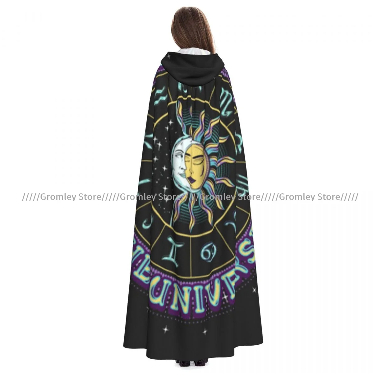 Unisex Halloween Cloak Circular Label With Zodiac Wheel Cape Hooded Medieval Costume Witch Wicca Vampire