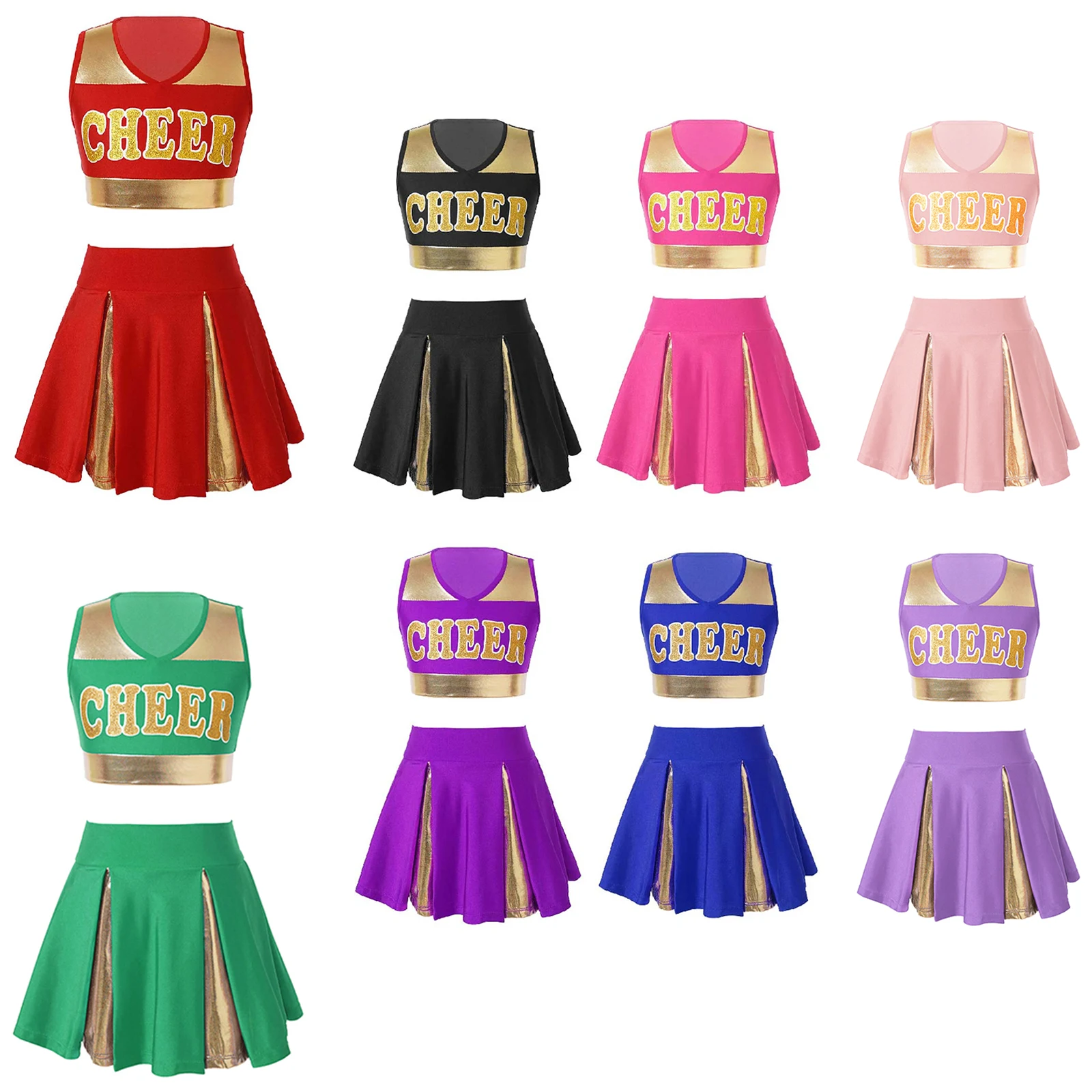 Kid Girls Letter Printed Dance Sets Cheerleading Clothes Outfit Sleeveless V Neck Letter Print Crop Top with Waistband Skirt