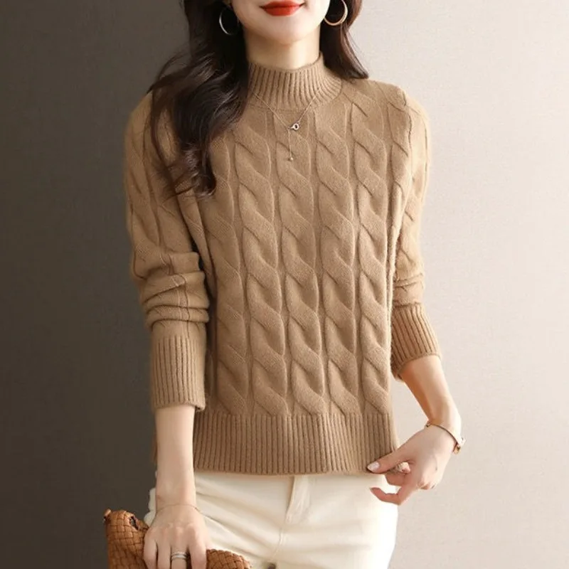 Sweater rajut wanita lengan panjang, atasan sweater ramping kerah setengah tinggi warna polos, jumper benang sekrup kasual musim gugur dan musim dingin