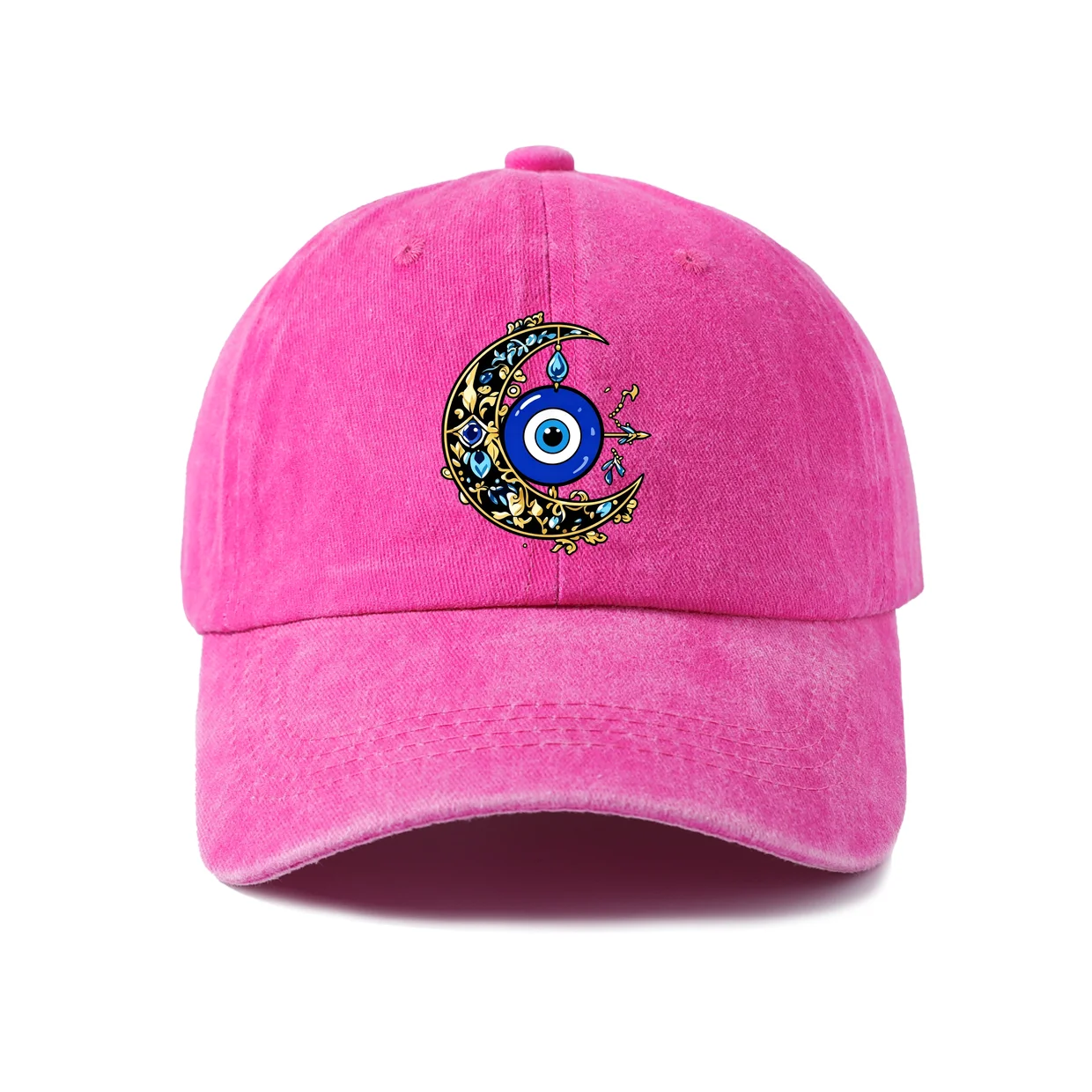 Celestial Crescent Evil Eye Graphic Baseball Cap, Vintage Washed Adjustable Unisex Dad Hat, Casual Gift