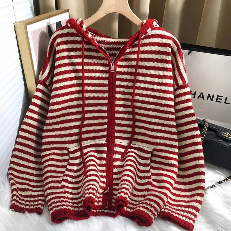 Autumn Winter Red Stripes Hooded Knit Cardigan Woman Korean Fashion Loose Casual Sweater Zipper Coat Oversized Long Sleeve Top