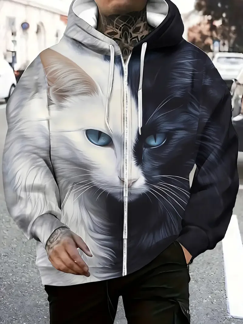 Engraçado gato gordo impressão 3d casual jaqueta com capuz com bolsos zíper lapela camisa moda ao ar livre casual vintage homem topos com capuz