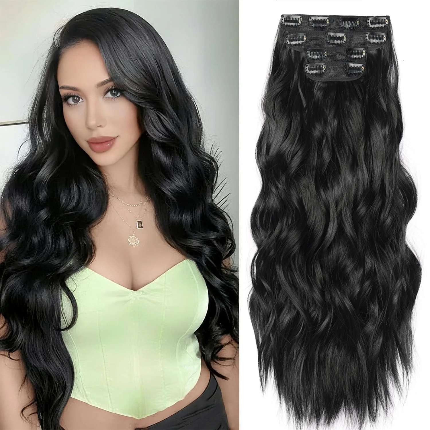 

4PCS Clip in Synthetic Hair Extensions 20'' Long Wavy Thick Hairpieces Natural Black Hair Extensions for Women Girls Daily Party