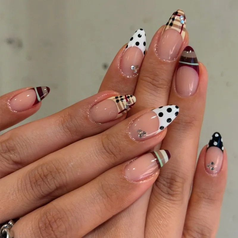 24PCS Almond Press on Nails Simple Black Polka Dots Brown Plaid Stripes French False Nails with Rhinestone Acrylic Nail Tips Art