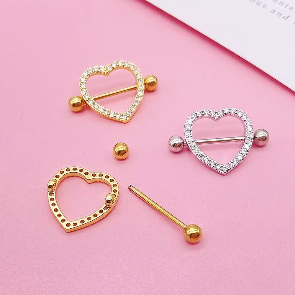 1Pc Sexy Stainless Steel Breast Piercing Jewelry Heart Zircon Nipple Piercing Bar Nipple Rings Shield Cover Barbell Piercings