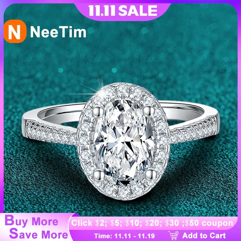 

NeeTim 1CT 2CT D VVS1 Кольца с муассанитом овальной огранки для женщин Стерлинговое серебро 925 пробы Lab Diamond Обручальное кольцо для свадебной вечеринки Оптовая продажа