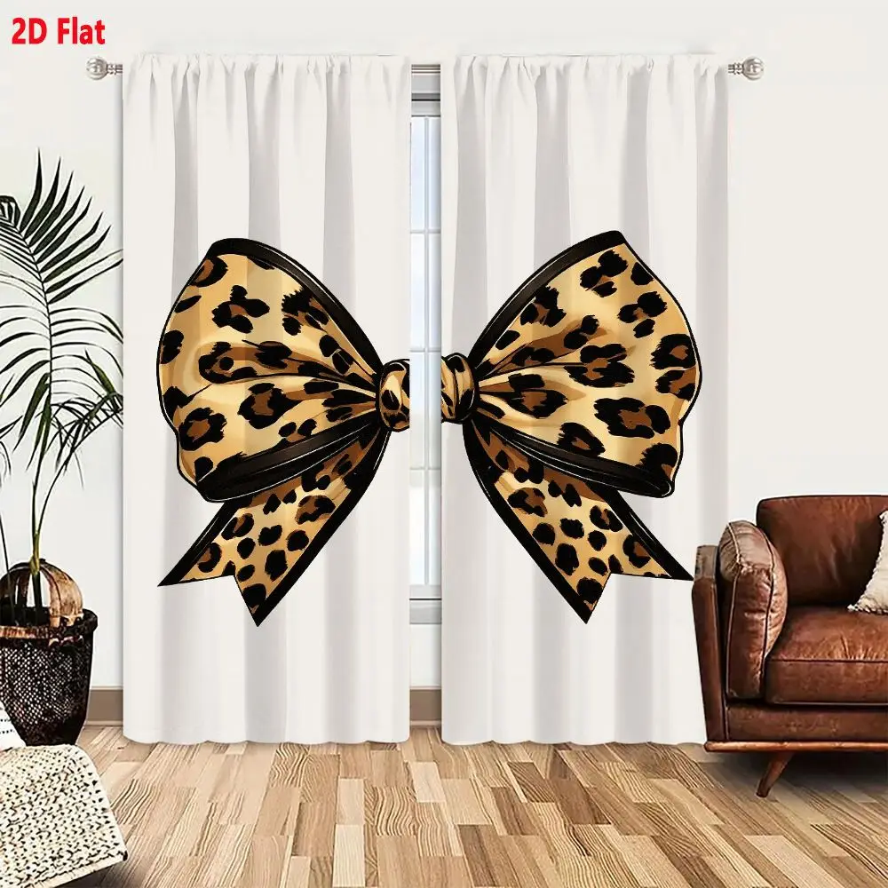 2Pcs Curtains 2D Flat Leopard Print Bow Decorative Accessory Light Beige Base With Black Spots And Solid Black Border Outlined R
