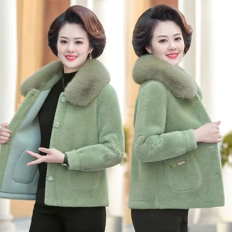 

Ladies Long Sleeves Mink Fur Tops Overcoat Female Golden Mink Jacket Middle Aged Mother Fashion Large Size 5XL Wool Blend Coat